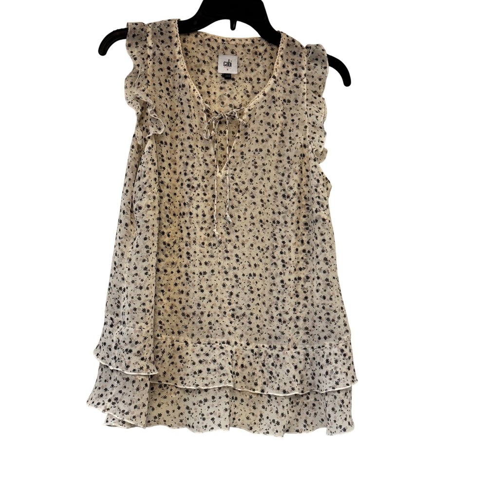 Cabi Floral Ruffle Chiffon Sleeveless Blouse Cream Black Small